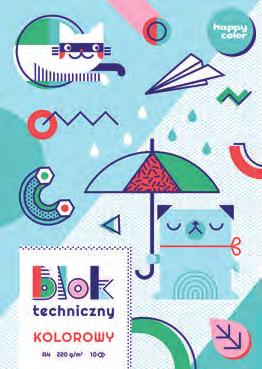 Kolekcja Happy Friends NOWOŚĆ Blok techniczny kolorowy Wysokiej jakości papier barwiony w masie Nie zmienia koloru podczas malowania i wymazywania Daje kolorowe krawędzie przy wycinaniu i
