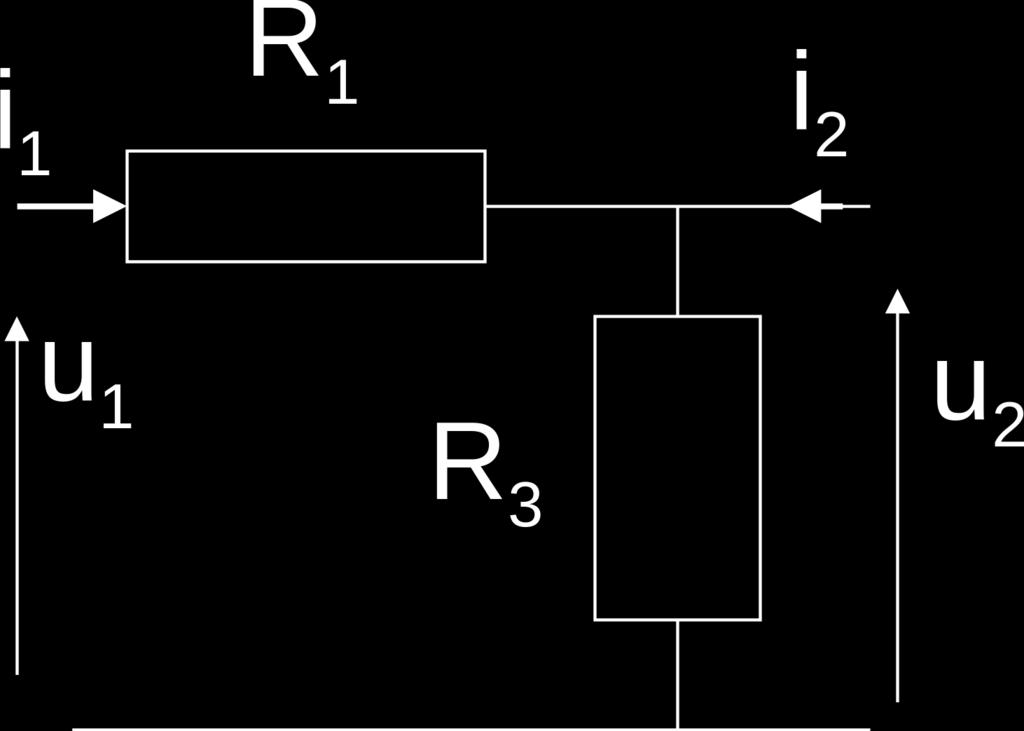 Czwórnik typu odwrócone Γ (dzielnik napięcia) z równania (58): Kirchhoffa: z równań u 1 = i 1 (R 1 + R 3 ) + i 2 R 3 (58) u 2 = (i 1 + i 2 )R 3 = i 1 R 3 + i 2 R 3 (59) szukamy elementów macierzy