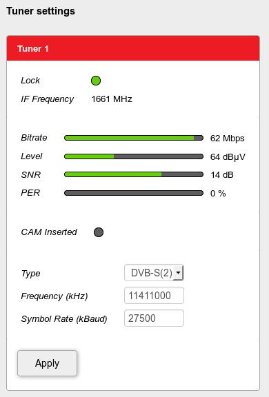 Po zatwierdzeniu, pojawią się parametry sygnałów: bitrate transpondera, poziom sygnału, SNR. 10.