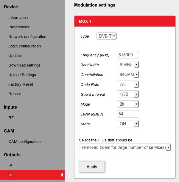 13. Wyjście RF tutaj konfigurujemy szczegółowe parametry wyjścia modulatora DVB-T 13.