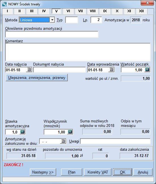 Środki trwałe Kolejną zakładką są Środki trwałe. Możemy je tu wpisać i program będzie wyliczał nam miesięczną ich amortyzację.