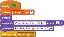 Przygotowujemy dwa skrypty dla duszka-smoka. Jego zadaniem jest wygłoszenie krótkiej instrukcji dla gracza. Grę rozpoczynamy naciskając klawisz spacji, wtedy smok chowa się.