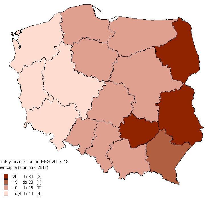 DOTACJE NA PROJEKTY PRZEDSZKOLNE Z EFS (W PLN, STAN NA KWIECIEŃ 2011 R.