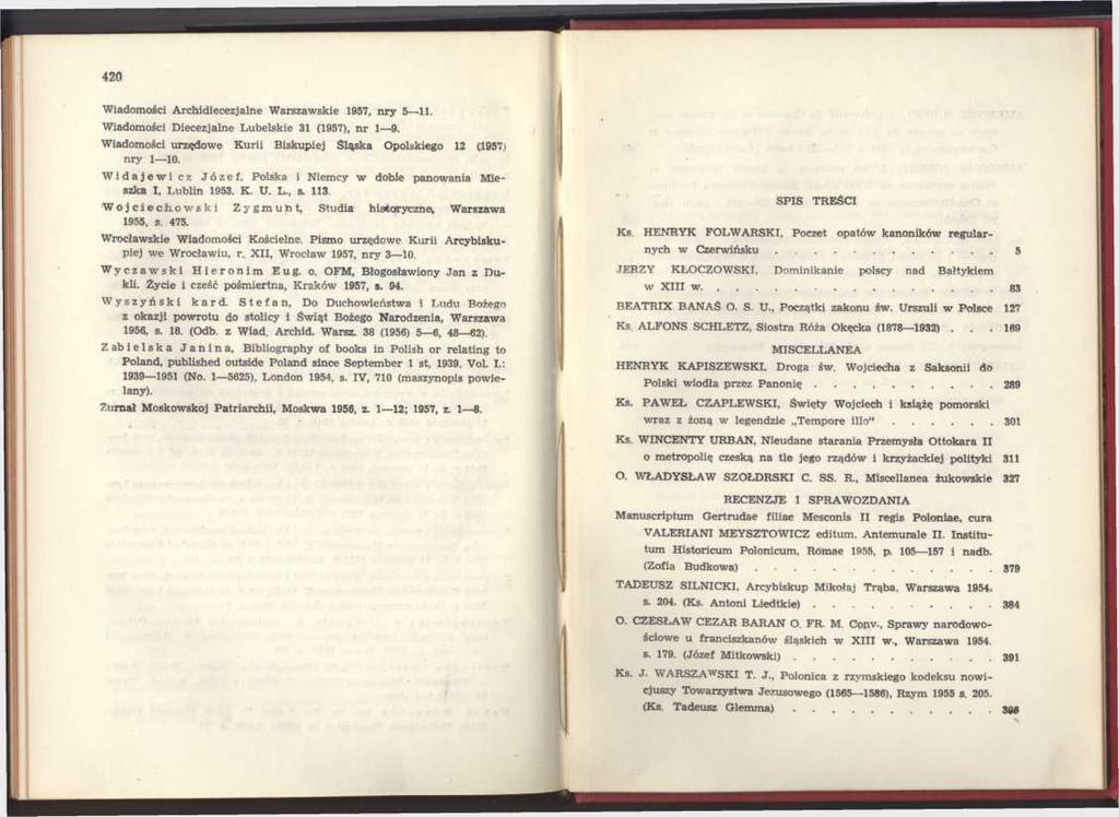 420 Wiadomości Archidiecezjalne Warszawskie 1957, nry 5 11. Wiadomości Diecezjalne Lubelskie 31 (1957), nr 1 9. Wiadomości urzędowe Kurii Biskupiej Śląska Opolskiego 12 (1957) nry 1 10.