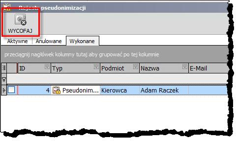 w kolejnym oknie wypełniamy pola PODMIOT, NAZWA i naciskamy Szukaj w rejestrze: ostatnim krokiem jest wybór polecenia Wycofaj: