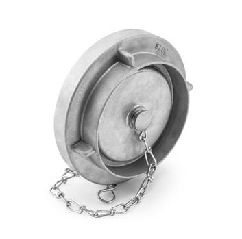Złącze STORZ do montażu przewodów przy pomocy opasek zabezpieczających Aluminiowa zaślepka złącza STORZ Aluminiowa zaślepka złącza STORZ z łańcuszkiem zabezpieczającym.