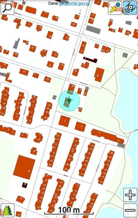 Przy włączonej lokalizacji GPS i dłuższym przyciśnięciu ikony GPS podświetla się ona na niebiesko i uaktywnia się tzw. tracking (scentrowanie mapy do odnalezionej pozycji). 8.1.