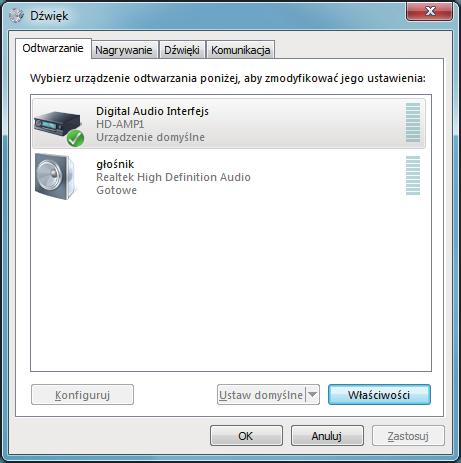 9 Sprawdzanie wyjścia audio. Można wysłać sygnał TEST z komputera i sprawdzić wyjście audio funkcji USB-DAC. A Wybierz opcję ND8006 i kliknij Właściwości.