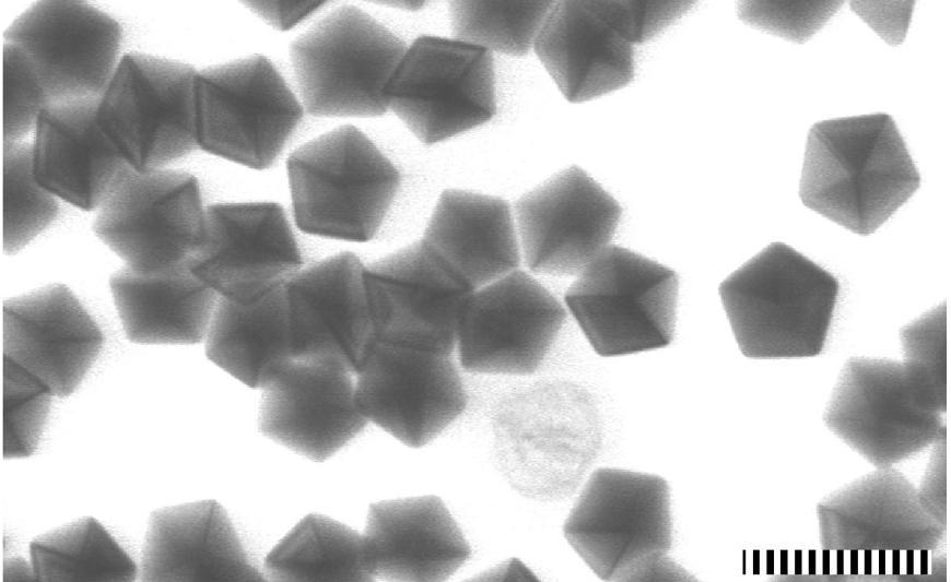 Rysunek 8. Obrazy TEM nanodziesięcioscianów srebra uzyskanych metodą fotochemiczną. Skala na zdjęciu 100nm.