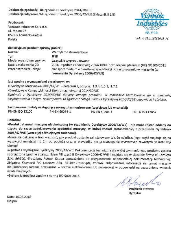 ZAŁĄCZNIK - D (Deklaracja producenta) JFSR/U/2016 tel.