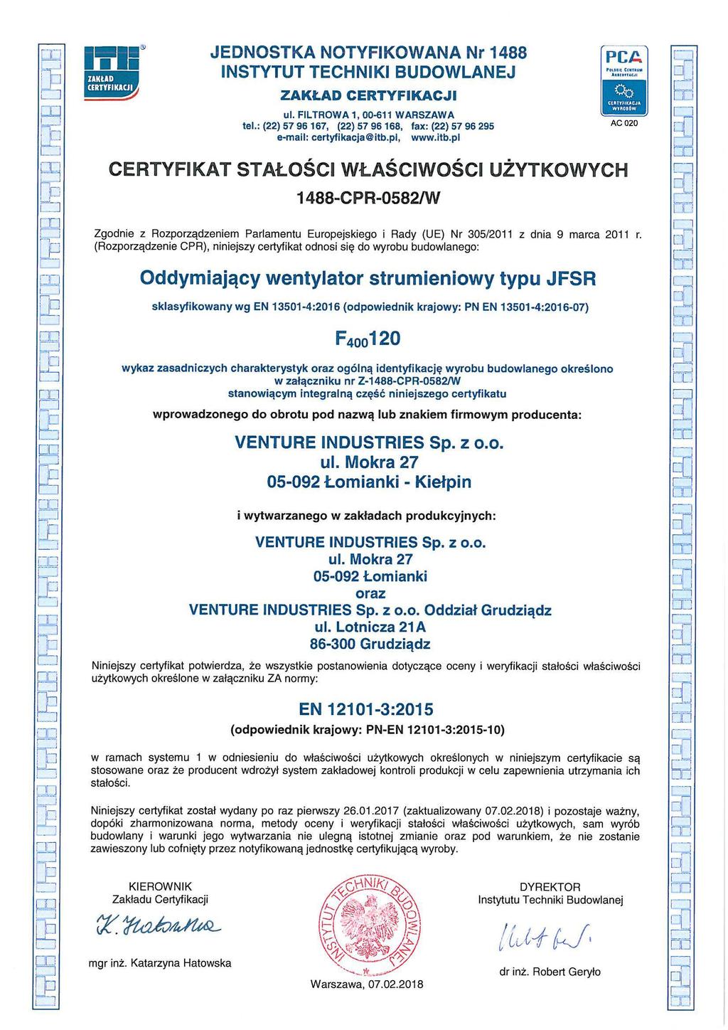 ZAŁĄCZNIK - G (certyfikat stałości właściwości użytkowych)