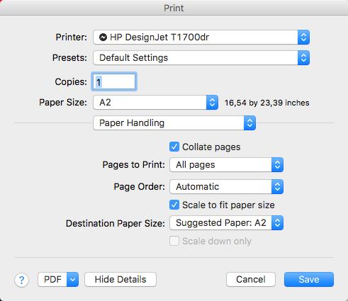 W oknie dialogowym w systemie Mac OS X: Kliknij panel Obsługa papieru, a następnie zaznacz pole wyboru Skalowanie dopasowujące rozmiar papieru, po czym wybierz rozmiar papieru, do którego ma być