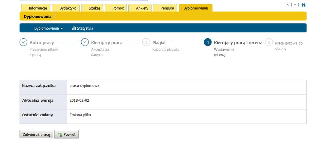 Recenzent w akcji Szczegóły zatwierdza pracę klikając Zatwierdź pracę.