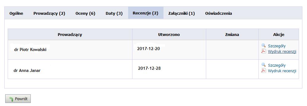 Widok zakładki Recenzje na koncie studenta.