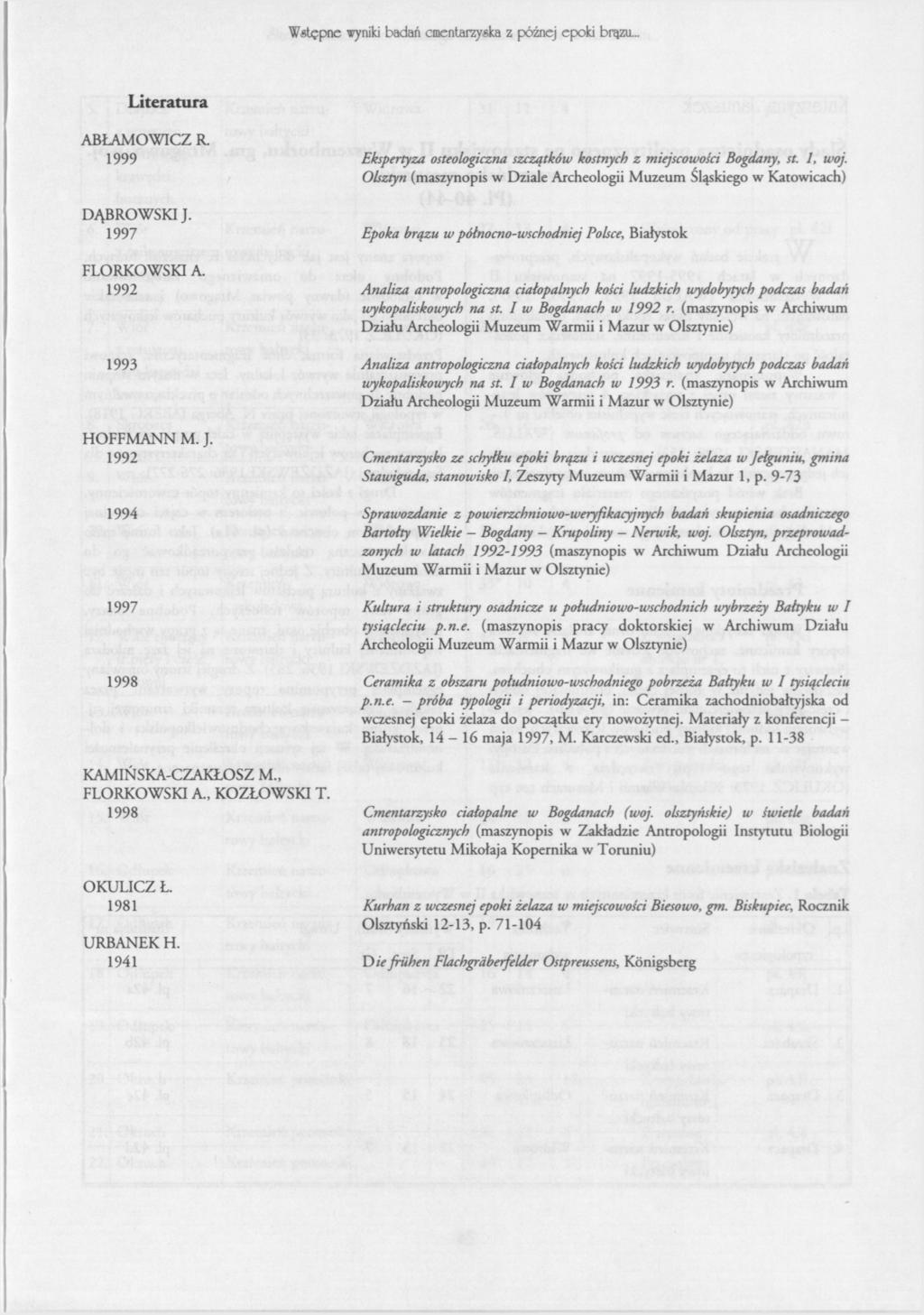 Wstępne wyniki badań cmentarzyska z późnej epoki brązu... Literatura ABŁAMOWICZ R. 1999 Ekspertyza osteologiczna szczątków kostnych z miejscowości Bogdany, st. 1, woj.