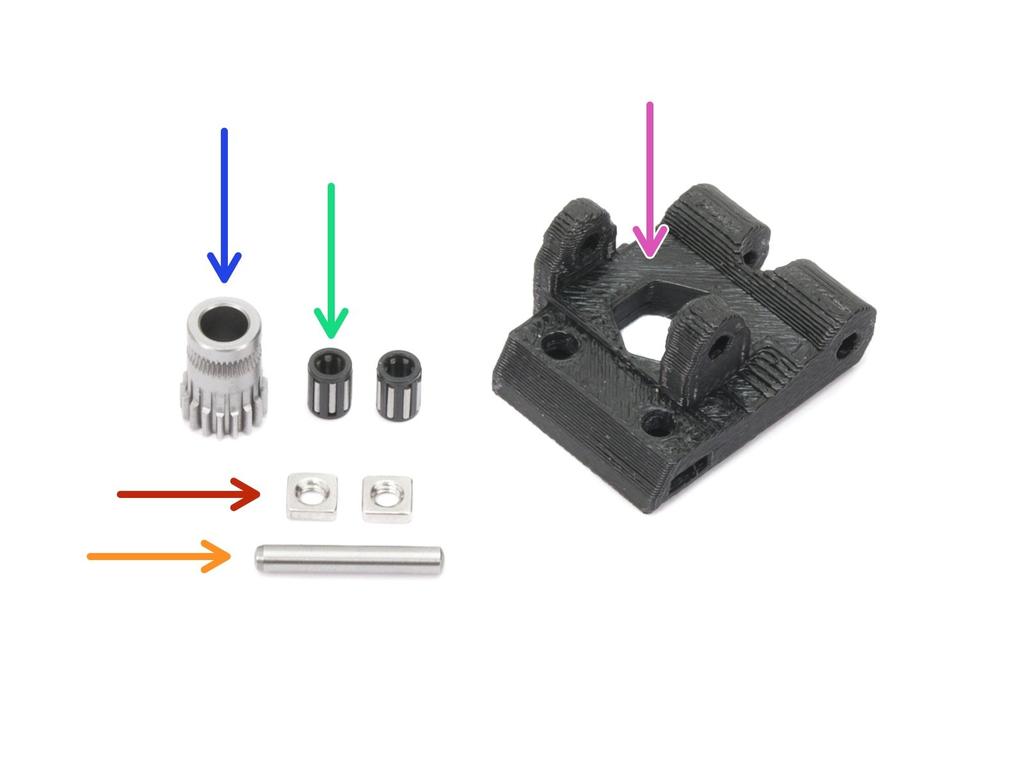 Step 3 Montaż dźwigni dociskowej (część 1) Dla następnych kroków przygotuj: Extruder-idler (dźwignia dociskowa ekstrudera) (1x) Koło zębate Bondtech BEZ ŚRUBY USTALAJĄCEJ (1x) Łożysko koła zębatego