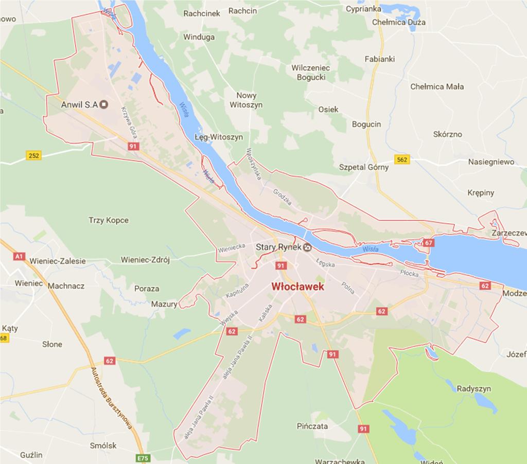 Rysunek 2: Układ drogowy we Włocławku [Źródło: www.google.