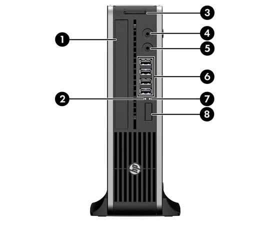 Elementy panelu przedniego obudowy typu Ultra-Slim Desktop (USDT) Konfiguracja napędów różni się w zależności od modelu. Niektóre modele mają zaślepkę przykrywającą wnękę napędu optycznego.