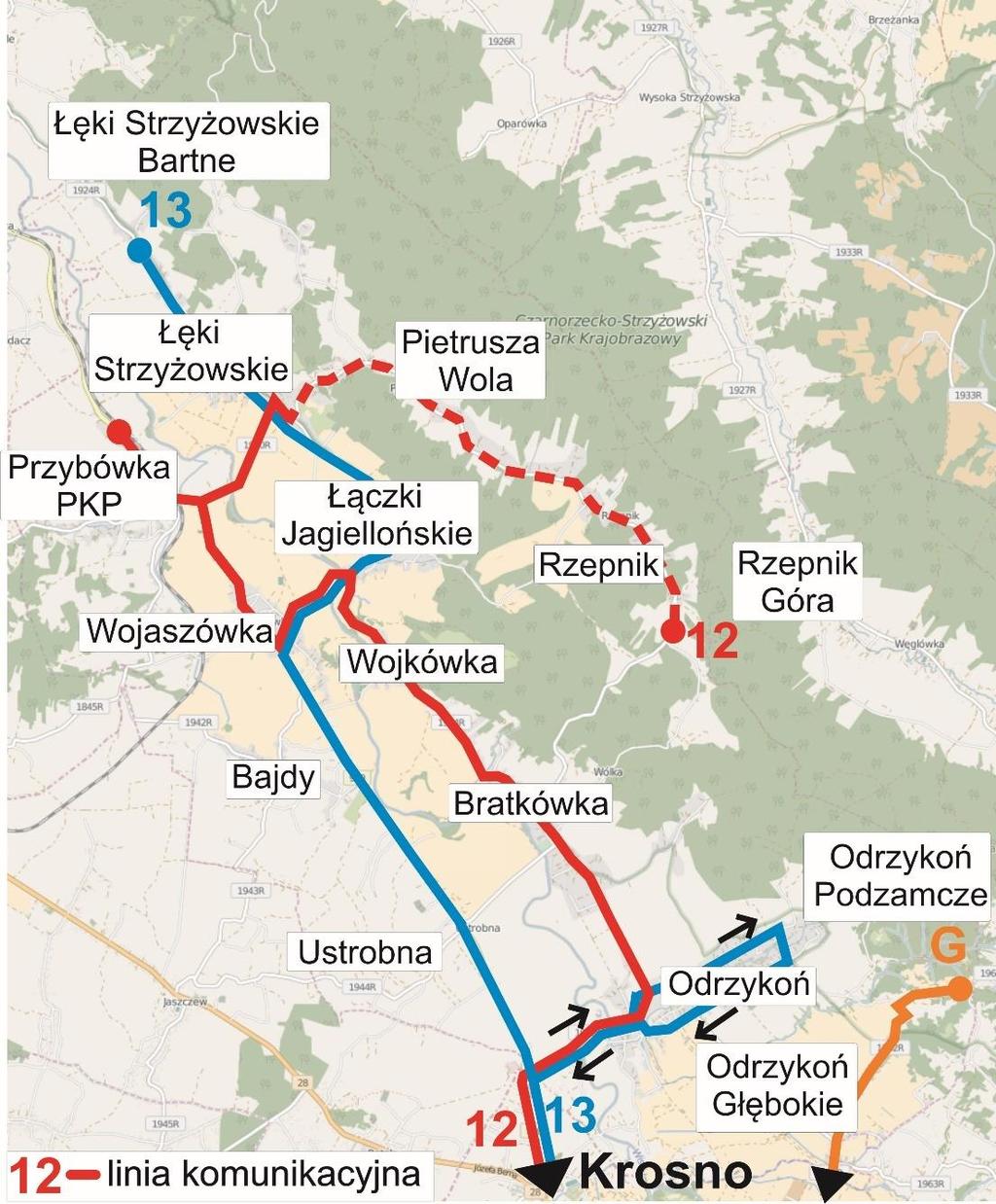 Rys. 8.2 Schemat tras po włączeniu Gminy Wojaszówka do sieci komunikacji miejskiej etapy 1, 2, 3. Tab. 8.2. Przebieg tras linii komunikacji zbiorowej na obszarze gminy Wojaszówka propozycja.