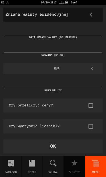 W celu usunięcia definicji danej waluty należy zatwierdzić puste pole z nazwą waluty (po wybraniu pozycji danej waluty należy usunąć wszystkie znaki w jego nazwie np. przytrzymując klawisz CZYŚĆ).