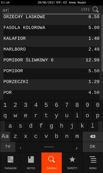 W pierwszej kolejności na liście wyszukanych towarów znajdują się zawsze towary, których początek nazwy jest zgodny z wprowadzonym ciągiem znaków. Przykład poniżej.