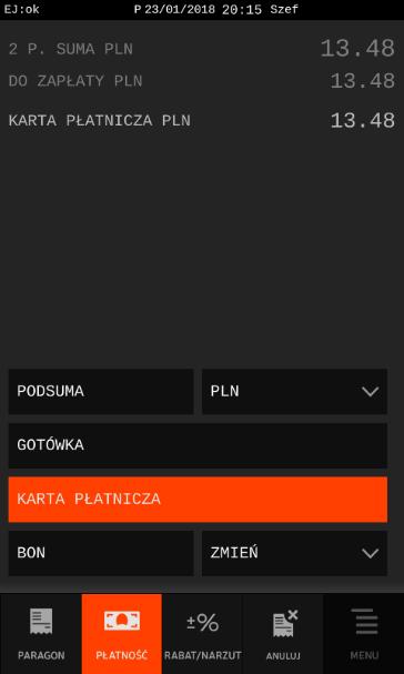 Wybierz formę płatności, w której zostanie przyjęta zapłata, za pomocą klawisza z odpowiednią formą płatności np.