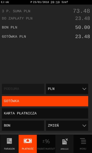 Niezależnie od wybranej waluty i formy płatności kasa wylicza zawsze resztę przy nadpłacie jako gotówkę w walucie ewidencyjnej.