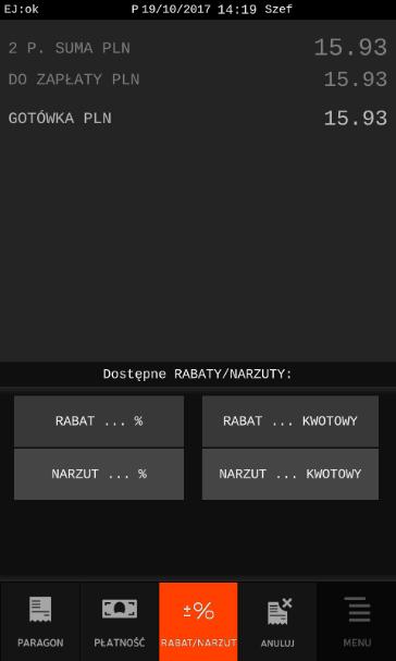 Rabat/narzut na cały paragon/fakturę Instrukcja obsługi kasy ELZAB SIGMA Kasa posiada możliwość udzielenia rabatu lub narzutu (procentowego lub kwotowego) na cały otwarty dokument sprzedaży, z