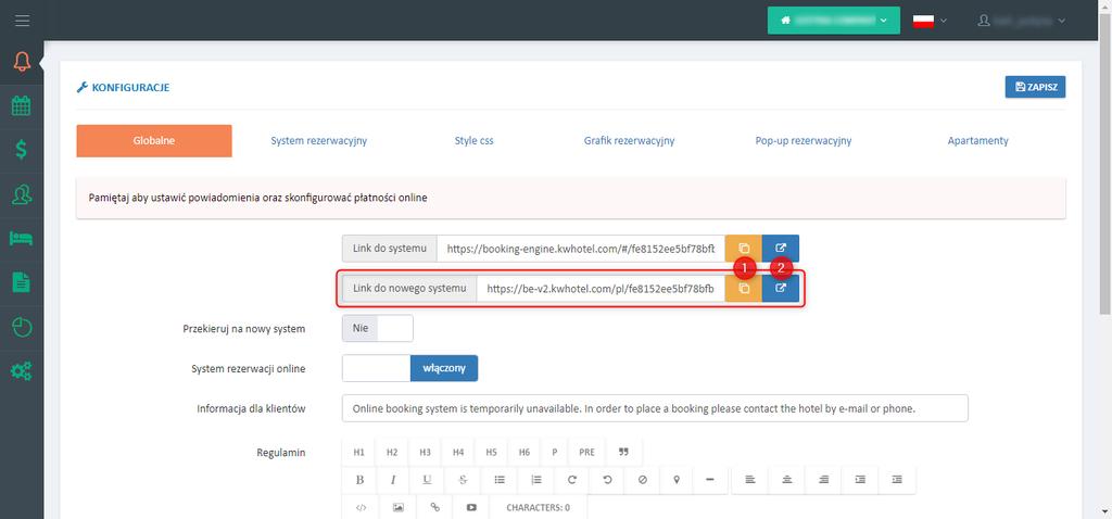 Link prowadzący do Twojego systemu rezerwacji znajdziesz w menu Konfiguracje >> Rezerwacje online >> Ustawienia >> zakładka Globalne.