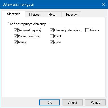 122 Śledzenie Kiedy poruszasz myszą, wpiszesz tekst lub nawigujesz po menu, dialogach i innych elementach sterujących programu, okno powiększenia przewija się automatycznie, aby utrzymać fokus w