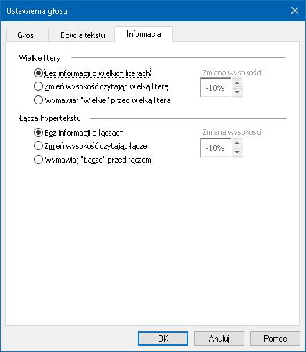 Rozdział 6 Funkcje mowy 145 Zakładka Informacje Ustawienie Wielkie litery Bez informacji o wielkich literach Zmień wysokość czytając wielką literę Wymawiaj "Wielkie" przed wielką literą Zmiana