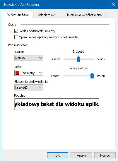 Rozdział 6 Funkcje mowy 169 Ustawienia widoku aplikacji Ustawienia widoku aplikacji pozwalają zmienić wygląd podświetlanego w AppReaderze tekstu, w tym kształt, kolor i przejrzystość.