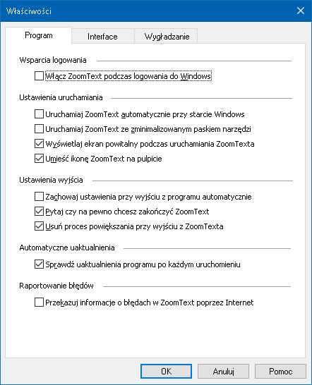 230 Właściwości programu Właściwości programu decydują o tym jak ZoomText się uruchamia i zamyka oraz pozwala włączyć automatyczną aktualizację. Zmiana ustawień właściwości programu 1.