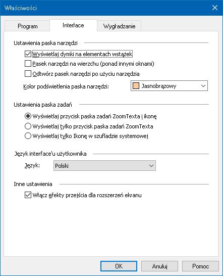 Rozdział 9 Ustawienia preferencji 233 Właściwości interface'u użytkownika Właściwości interface'u użytkownika decydują o tym jak wyświetlany będzie pasek narzędzi ZoomTexta.