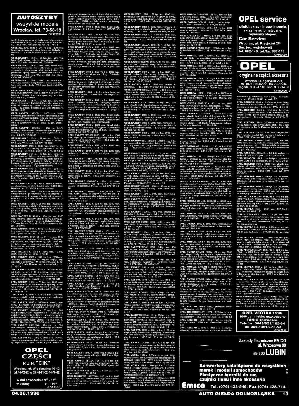 33-94-17 OPEL KADETT. 1983 r.. 1600 ccm. diesel, czerwony. po remoncie kapitalnym, nowe amortyzatory. hak. szyberdach. - 75.0 min. Lubin. tel. 076/ 44-61-56 OPEL KADETT OHC, 1983 r.. 1200 ccm.