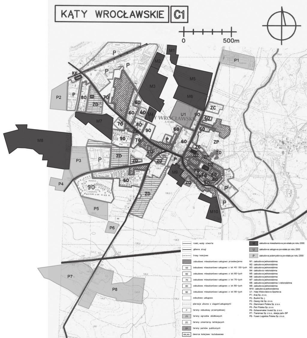 Zmiany struktury przestrzennej małych miast wokół Wrocławia po 2000 roku 31 Rys. 13. Analiza struktury przestrzennej Kątów Wrocławskich powierzchnia miasta wynosiła 634 ha, a w 2016 r. już 861 ha.