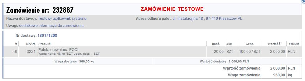 Dostępna jest także opcja wyświetlenia szczegółowych danych zamówienia, : W statusie zarejestrowane, zamówienie zwrotu palet podlega akceptacji przez pracowników Norgips pod kątem poprawności danych.