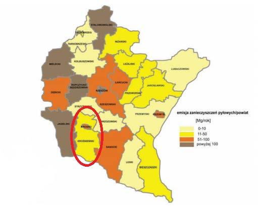 Rysunek 8. Emisja zanieczyszczeń pyłowych w województwie podkarpackim(podział na powiaty) Źródło: Wojewódzka baza informacji o korzystaniu ze środowiska 9.5.