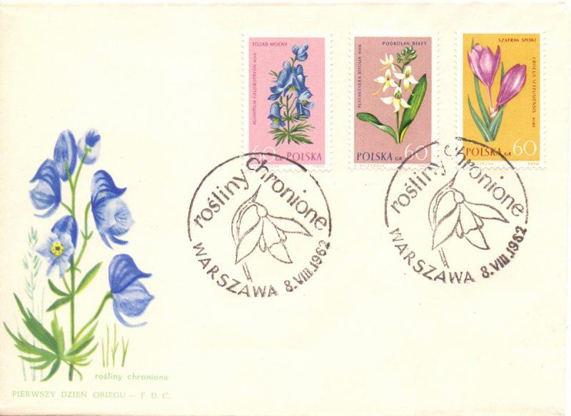 Ryc. 7. Koperta FDC serii Rośliny chronione z 8 sierpnia 1962 r. Wydana 14 czerwca 1967 roku seria autorstwa Andrzeja Heidricha także nosiła tytuł Rośliny chronione (1623-1628; Ryc. 8).