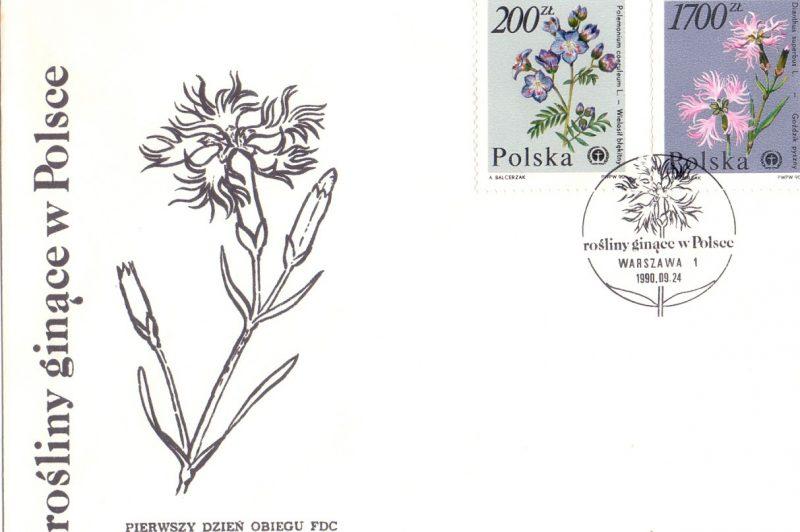 Ryc. 15. Koperta FDC serii Rośliny ginące w Polsce. Dnia 10 lipca 2001 r. wydana została sześcioznaczkowa seria pt. Dzikie zwierzęta i rośliny gatunki zagrożone wyginięciem (3746-3751).
