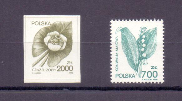 Ryc. 27. Dwa znaczki z wieloletniej serii obiegowej Rośliny lecznicze, grążel żółty nr kat. 3129 z 13 sierpnia 1990 i konwalia majowa nr kat. 3177 z 26 kwietnia 1991 r. Dnia 30 kwietnia 1975 r.