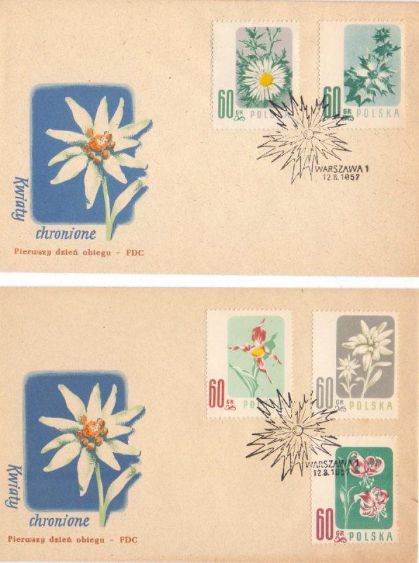 Ryc. 1. Pierwsza seria znaczków przedstawiająca gatunki chronione zatytułowana Kwiaty chronione z dnia 8 czerwca 1957 r., nr kat. 876-880. Ryc. 2.