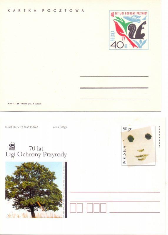 Ryc. 52. Całostki nr kat. Cp 373 40-lecie LOP z dnia 23 kwietnia 1968 i nr kat. Cp 1166, 70 lat Ligi Ochrony Przyrody z dnia 5 stycznia 1998 r.