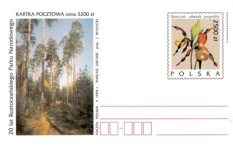 Ryc. 55. Całostka wydana 31 maja 1994 r. 20 lat Roztoczańskiego Parku Narodowego nr kat. 1070. W latach 2000 2004 Poczta Polska wydała serię 24 całostek z serii Parki Narodowe.