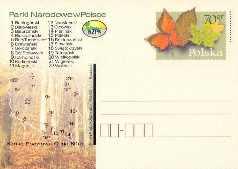 Ryc. 57. Całostka z 3 listopada 2000 roku Parki Narodowe, nr kat. Cp 1239. Polskie parki narodowe przedstawiano także na innych znakach pocztowych na okolicznościowych stemplach.