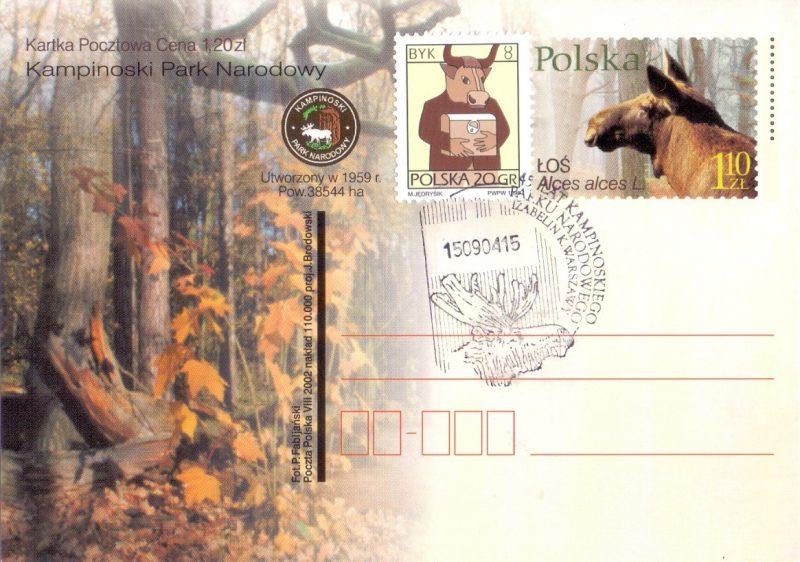 Ryc. 64. Stempel z okazji czterdziestopięciolecia Kampinoskiego Parku Narodowego z 15 września 2004 r. Polskie parki krajobrazowe są reprezentowane tylko na dwu stemplach.