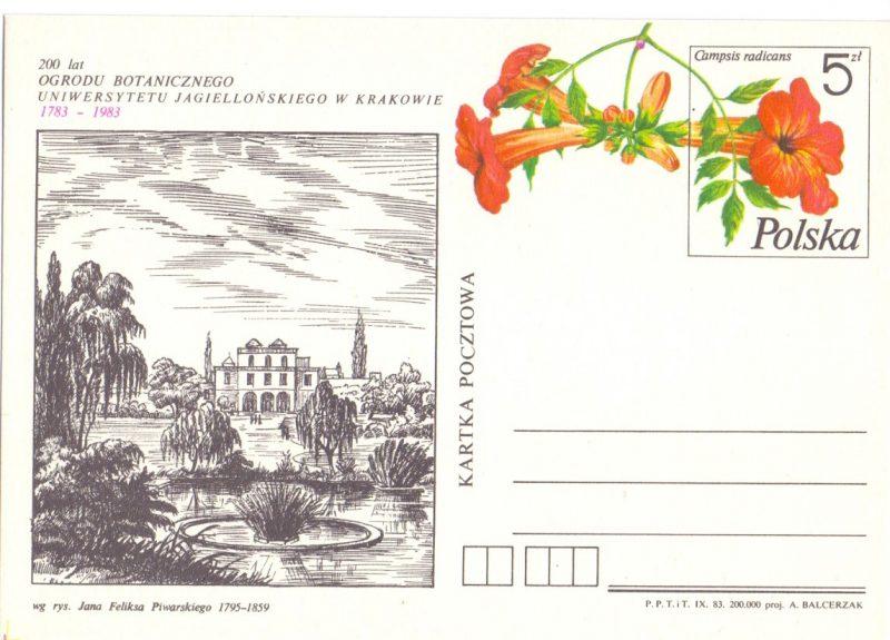 Ryc. 71. Całostka nr kat. Cp 851 200 lat Ogrodu Botanicznego UJ w Krakowie, 15 listopad 1983 r. W 2009 roku Poczta Polska rozpoczęła wydawanie serii całostek pod tytułem Arboreta i Ogrody Botaniczne.