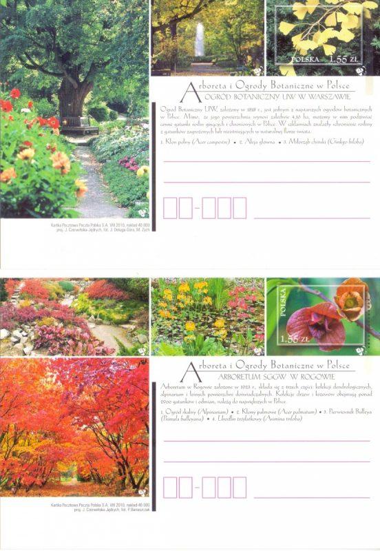 Ryc. 72. Całostki z serii Arboreta i ogrody botaniczne Ogród Botaniczny PAN w Warszawie (Cp 1517) i Arboretum w Glinnej (Cp 1518), wydane dnia 31 sierpnia 2009 r.