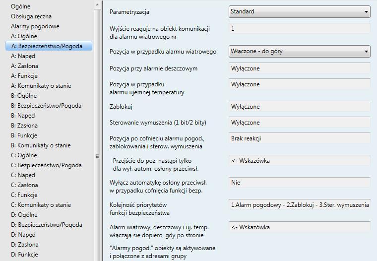 ABB i-bus KNX 3.2.5.1 Okno parametrów A: Bezpieczeństwo/Pogoda To okno parametrów służy do wprowadzania ustawień dotyczących funkcji Bezpieczeństwo/Pogoda.