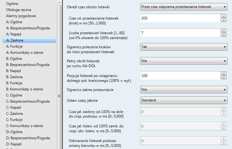 ABB i-bus KNX 3.2.5.3 Okno parametrów A: Zasłona To okno parametrów służy do wprowadzania specyficznych ustawień zasłony przeznaczonej do sterowania.